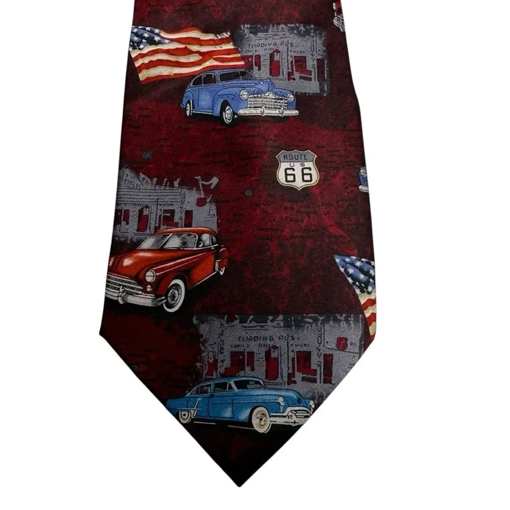 Tango Route 66 Classic Car USA Flag Silk Necktie Tie Handmade